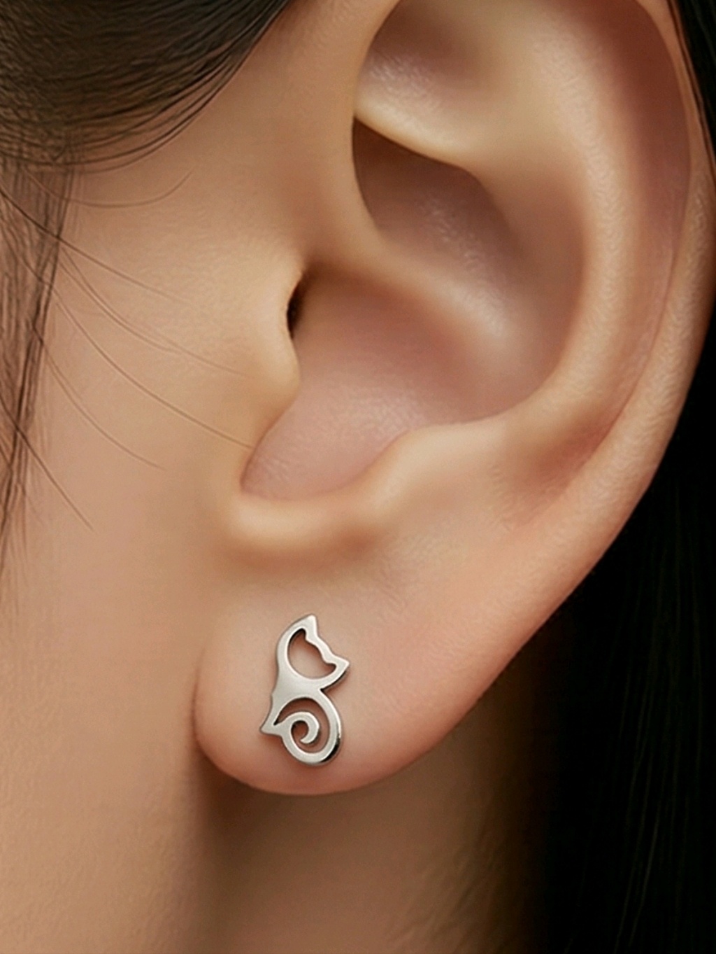 Cat Outline Stud Earrings Dainty Stainless Steel Minimalist Pet Lover Silver